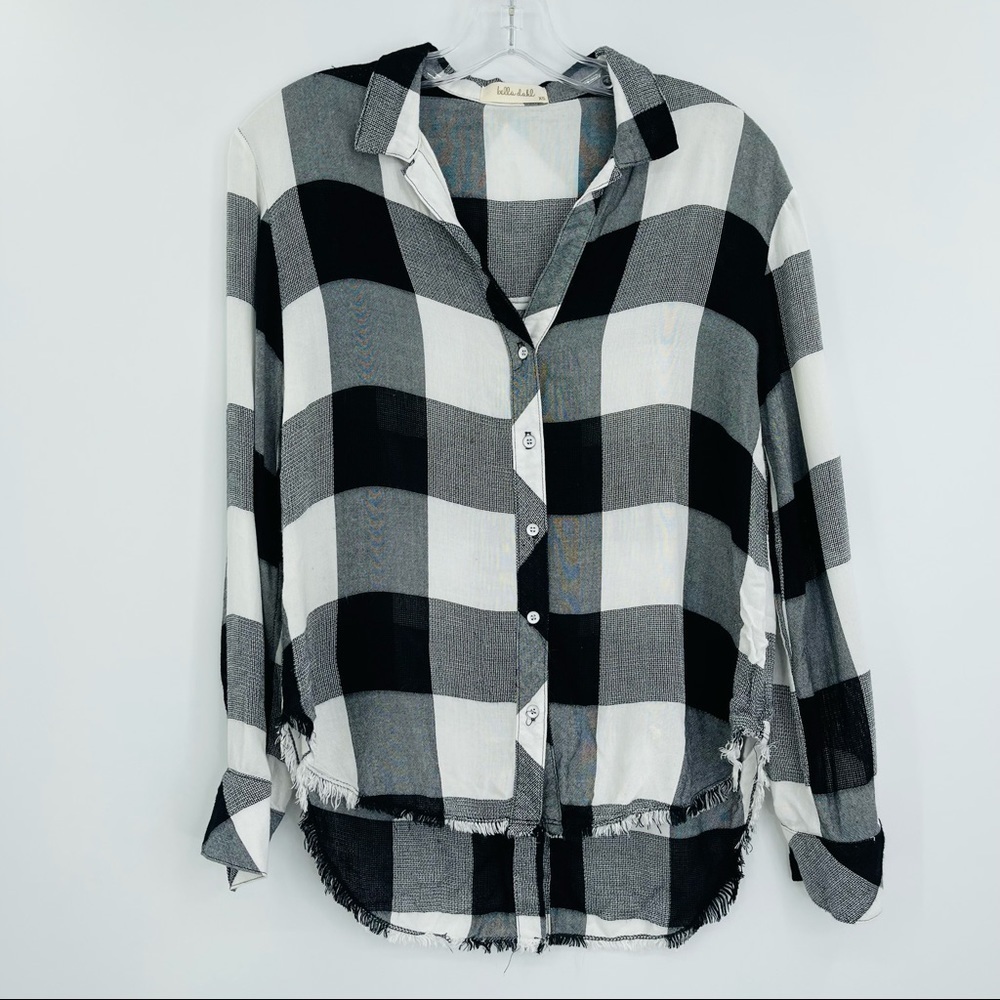 Bella Dahl Plaid Shirt Womens XS Black White Button Back Frayed Hemline Boho